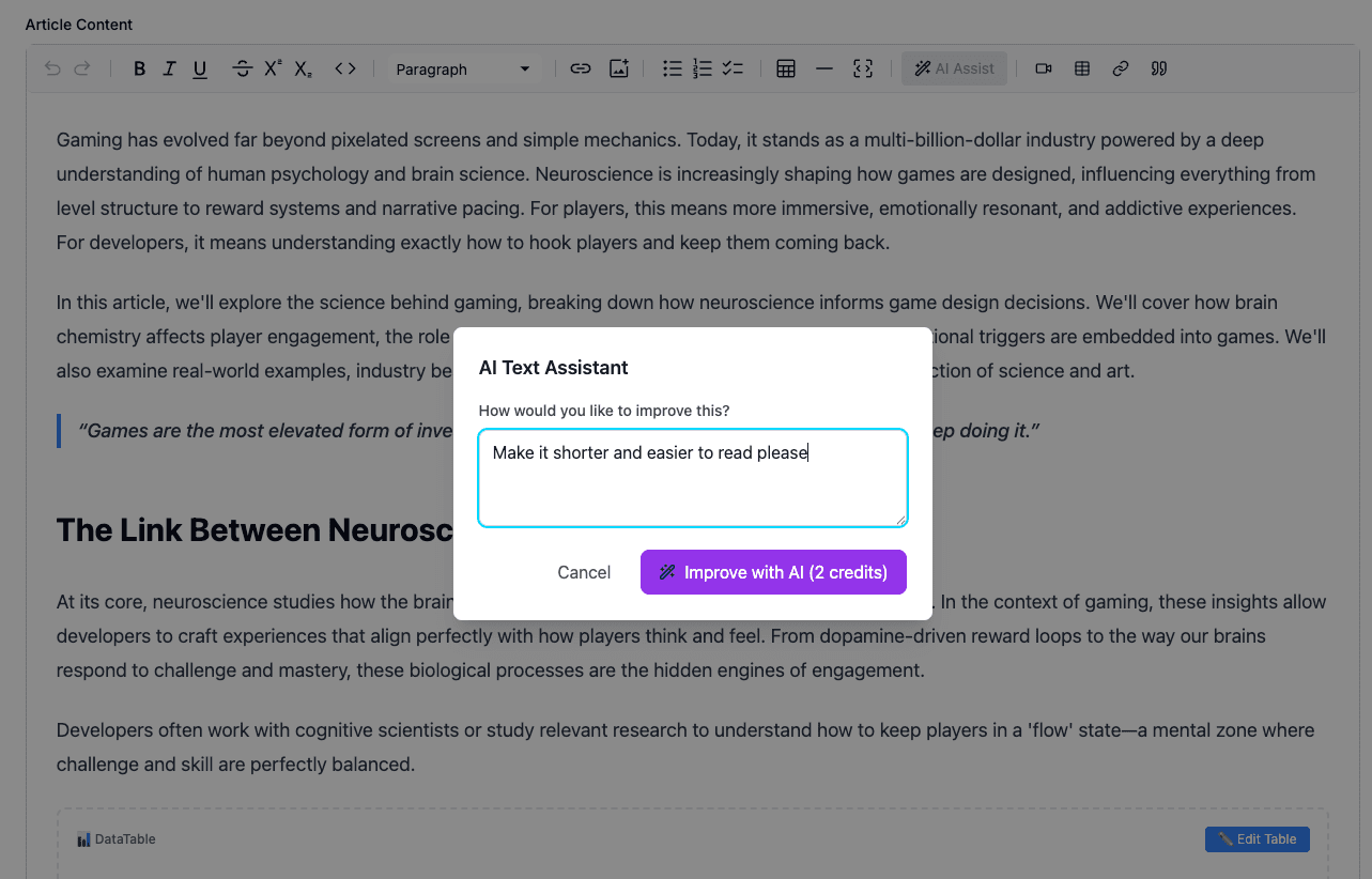 Teralios Artikel-Editor mit KI-Assistent
