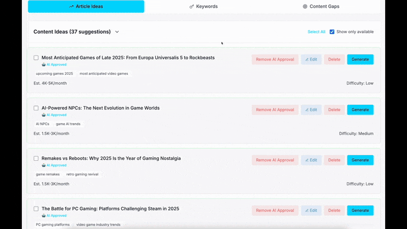 SEOZilla automated blog publishing demo showing AI-powered article generation workflow to increase blog traffic
